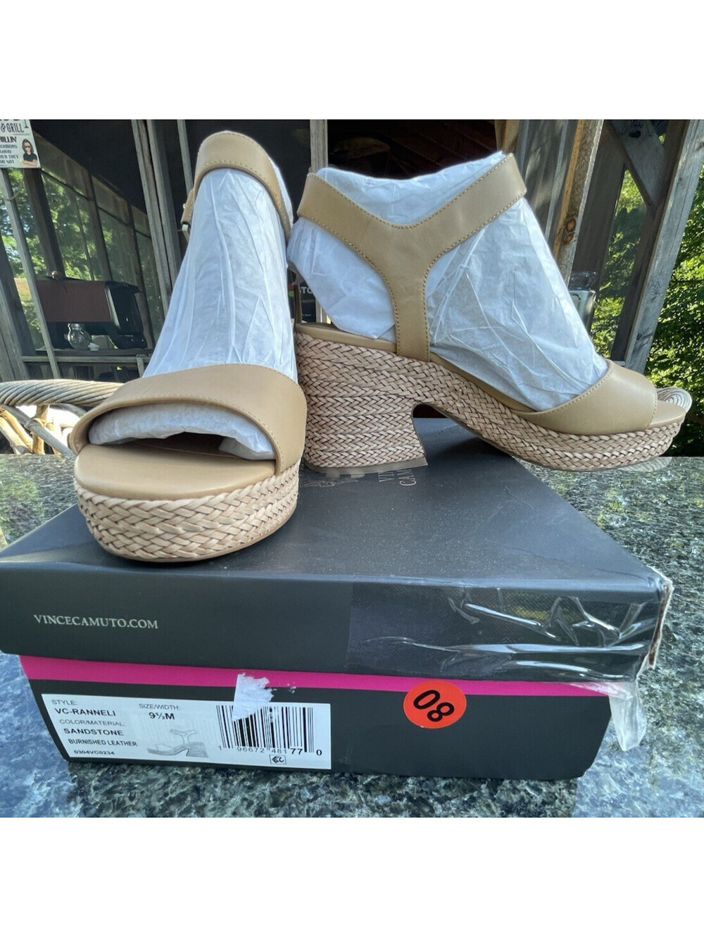 Vince Camuto VC-Ranneli Sandstone Burnished Leather Espadrille Sandals 9.5M NIB